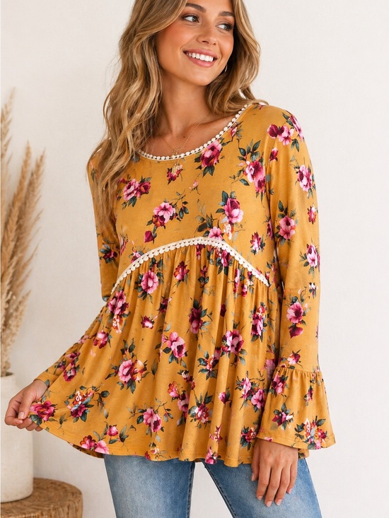 Lovely Melody Tops - Lovely Melody Mustard Floral Babydoll Top XL Boho Peplum Bell Sleeve Rayon Blend